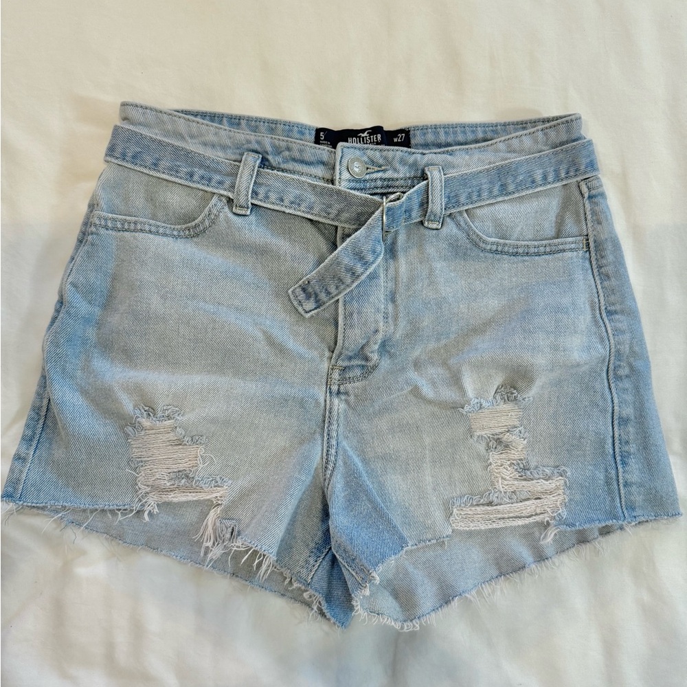 Hollister Light Blue Distressed Denim Belt Buckle Detail Shorts